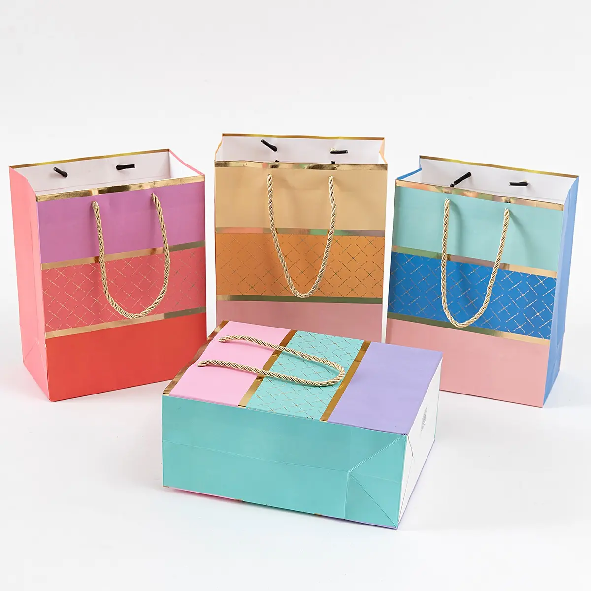 12-Piece Macaron Color Gift Bags with Handles, 9x7x3.9 Inches, Blue Grid Texture, Perfect for Birthday Parties and Weddings