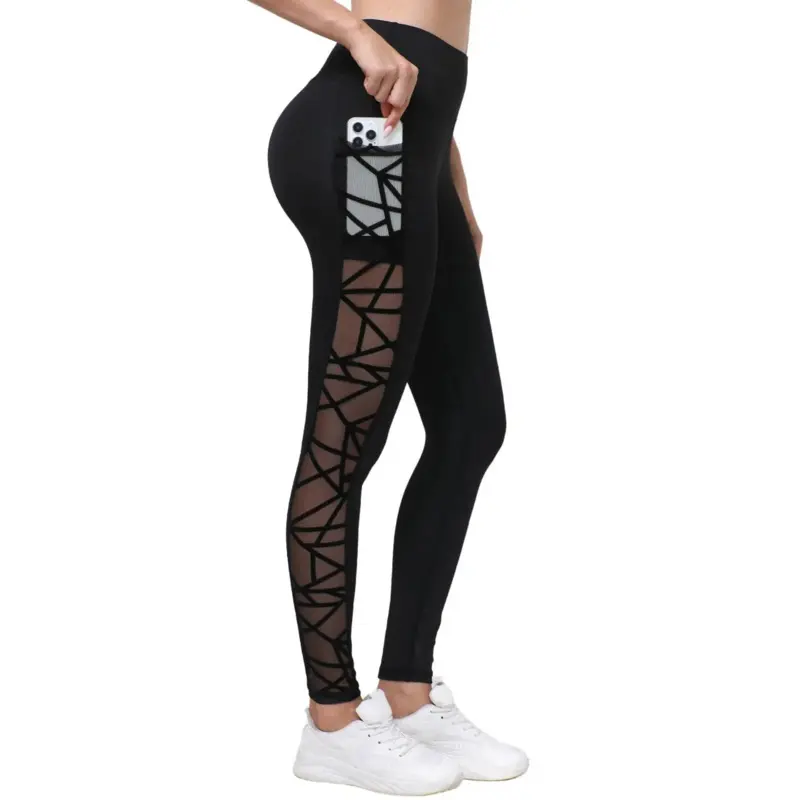 Women's High Waisted Sports Leggings Opaque Elastic Waistband Transparent Mesh Stitching Solid Color Tight Workout Leggings