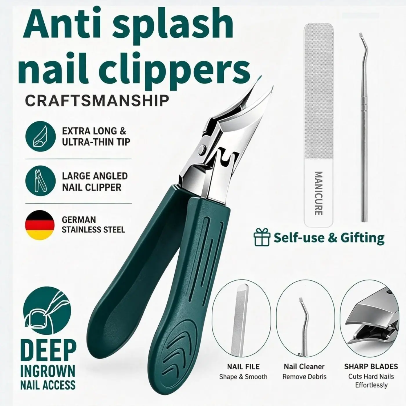 Eagle Beak Beveled Nail Clippers, 3Pcs Wide Jaw Opening Anti-Splash Slanted Nail Clipper, Long Handle Wide Jaw Opening Anti-Splash Slanted Edge Nail Clipper for Thick Nails,Seniors&Ingrown Care.  Foot Care, Unisex, Manicure Pedicure