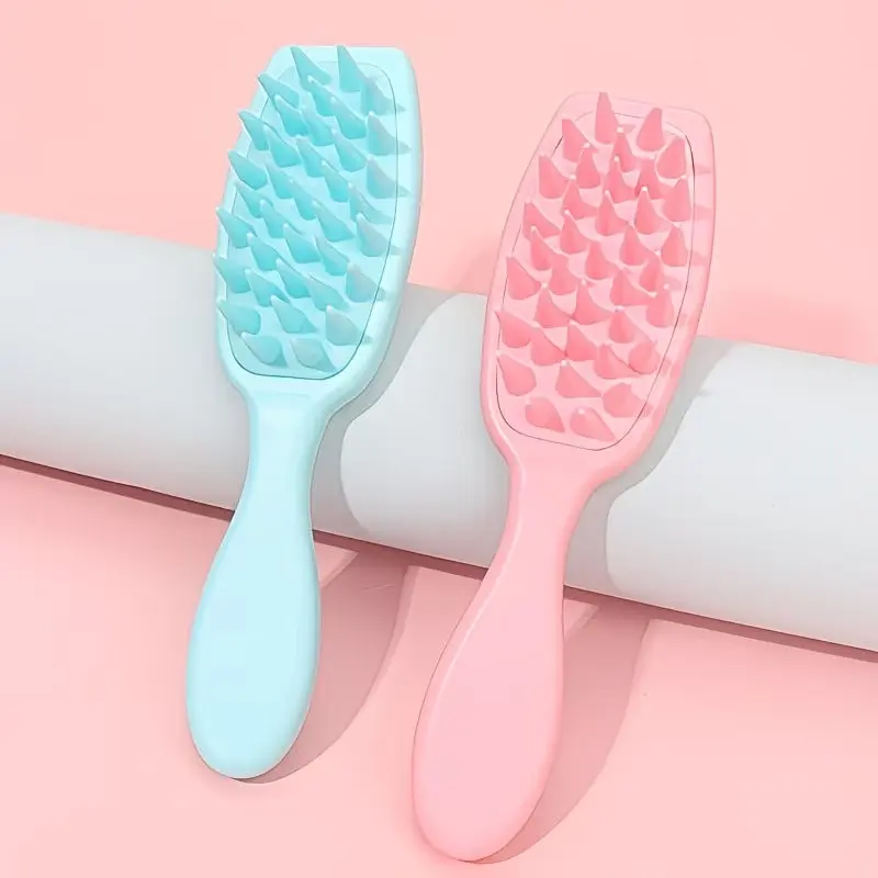 2pcs Long Handle Silicone Hair Brush, Scalp Exfoliation Massage, Dry Wet Use, Soft Cone Teeth, Unisex, Home Salon Essential