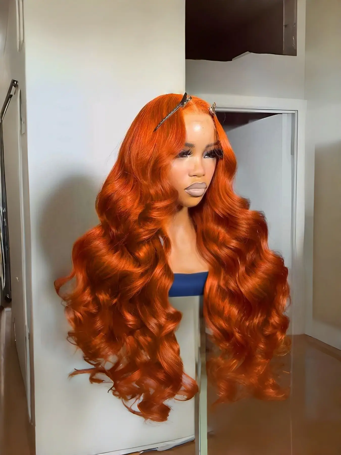 Ginger Orange Body Wave Synthetic 13x4 Lace Front Wigs Heat-Resistant Hair 26 Inch 200% Density 13x4 HD Transparent Lace Front Wigs Pre Plucked Hairline Suitable To Wear On Daily Or Holiday Occasions Wig