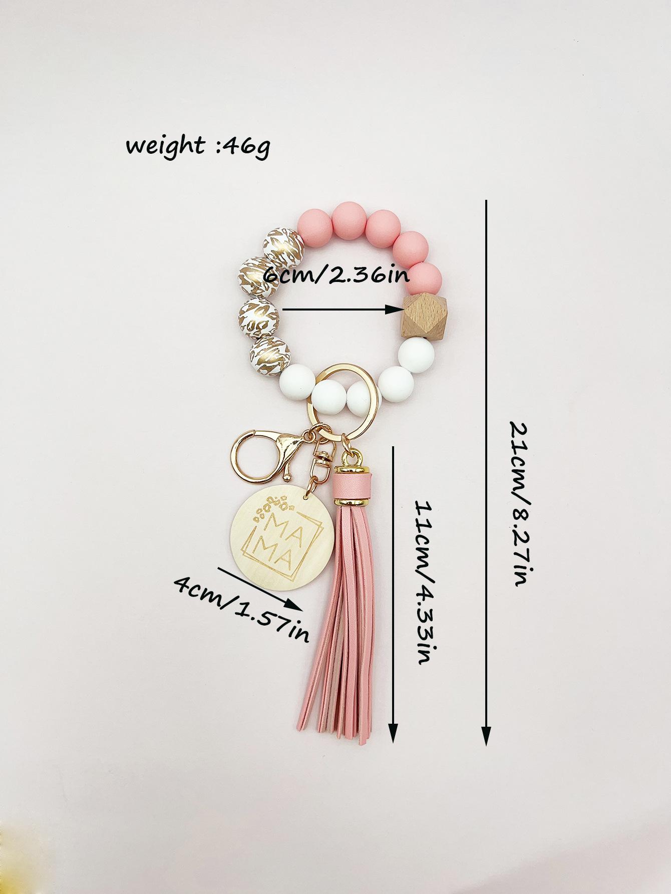 Wrist keychain, bag pendant, key ring, silicone bead bracelet, tassel, wooden beads, MAMA wood piece