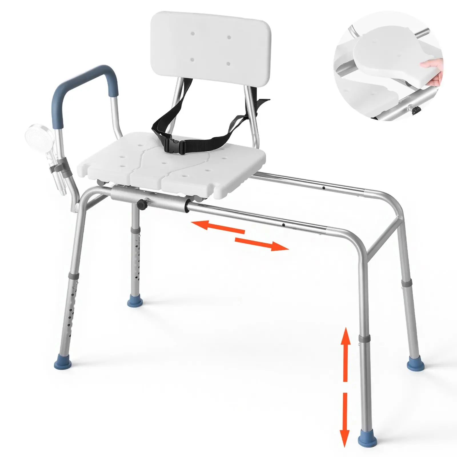Sliding Shower Chair With Arms And Backrest, 400 Lbs Capacity Tub Transfer Bench For Bathtub, Heavy Duty Shower Bench, Height Adjustable Seat For Handicap, Adults, Seniors, Elderly And Disabled