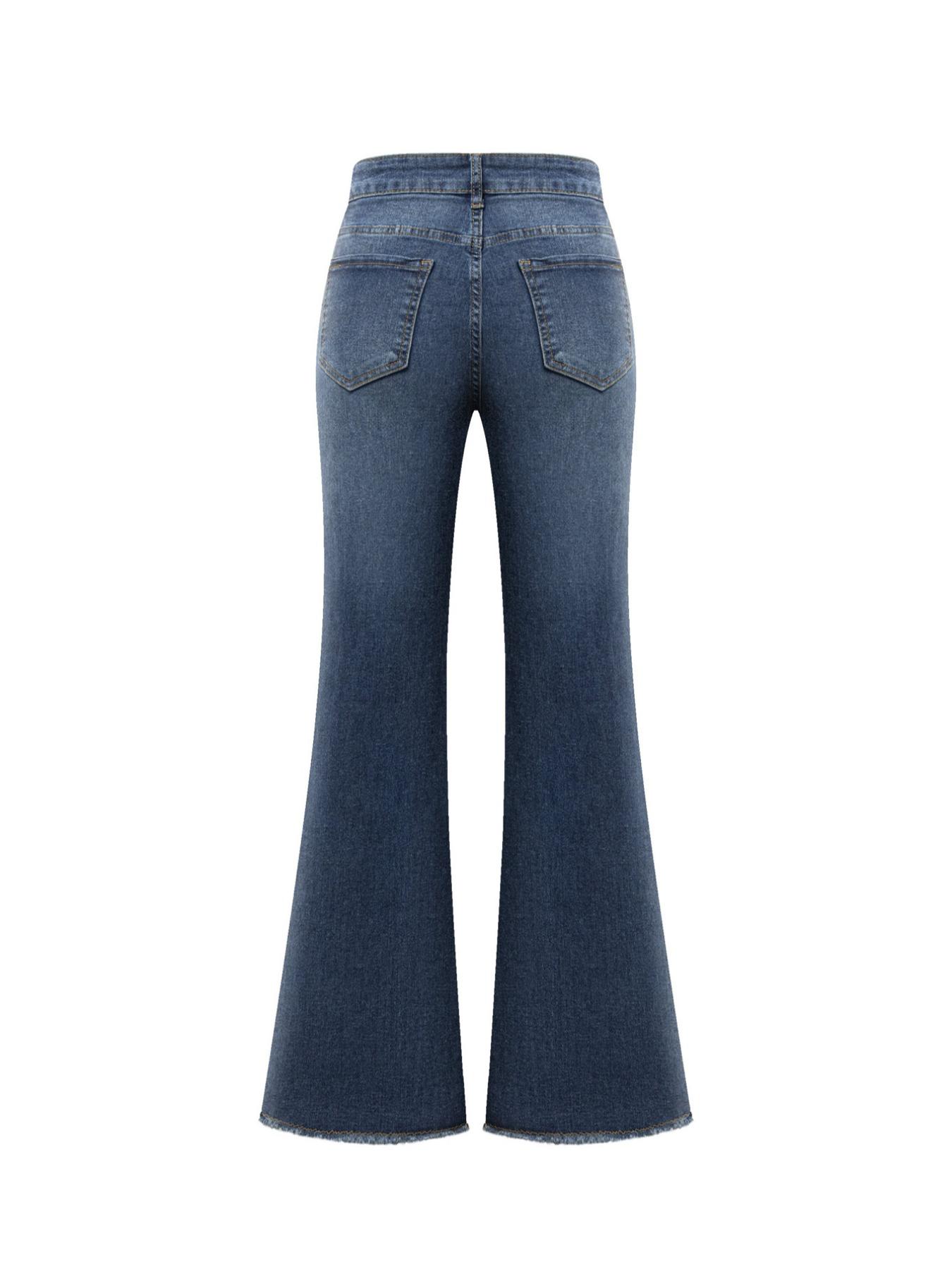 Women's Elastic Casual Denim Flare Pants, Plain Pattern, Slim-Fit Design, All-Season Wear, Moderate Fabric Thickness, No Belt Included