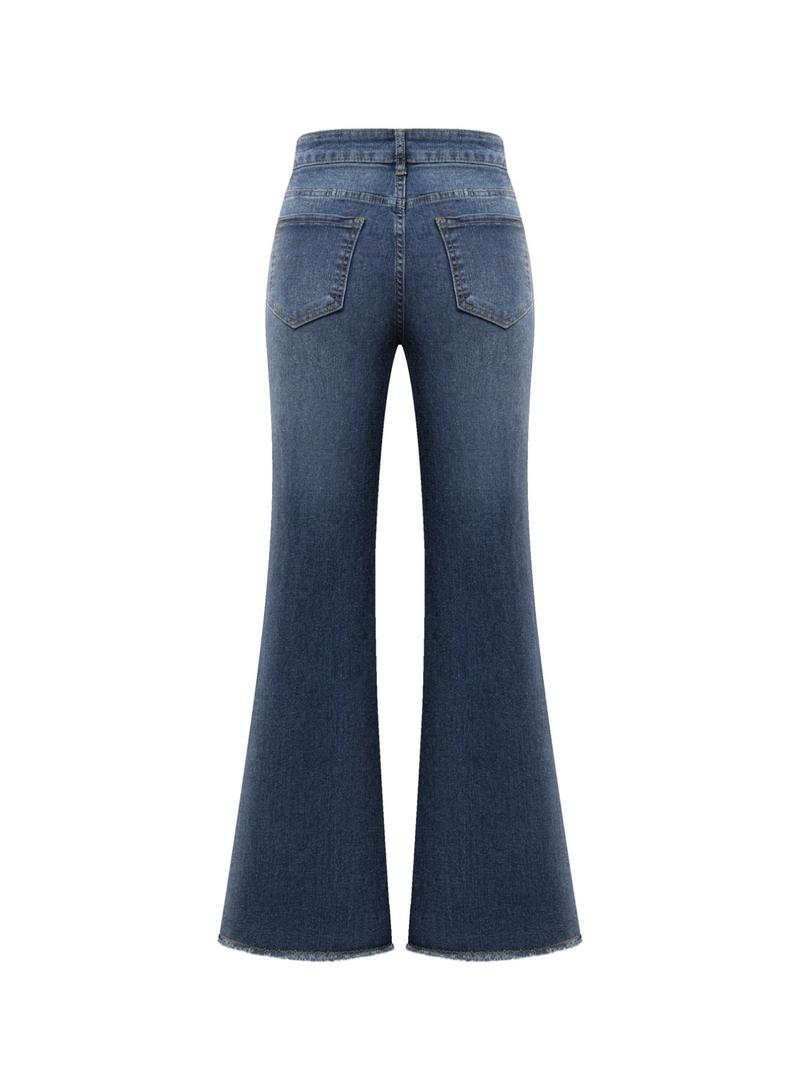 Women's Elastic Casual Denim Flare Pants, Plain Pattern, Slim-Fit Design, All-Season Wear, Moderate Fabric Thickness, No Belt Included