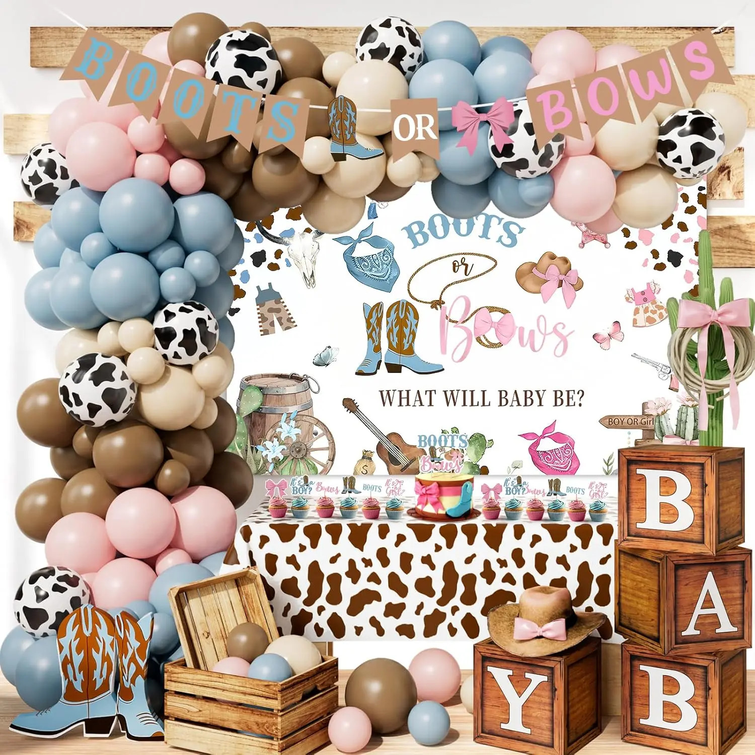 Boots or Bows  Decorations - 130 count Boy or Girl What Will  Be  Party Supplies Include Backdrop Balloon Garland Tablecloth Boots or Bows Banner Cake Cakecup Topper