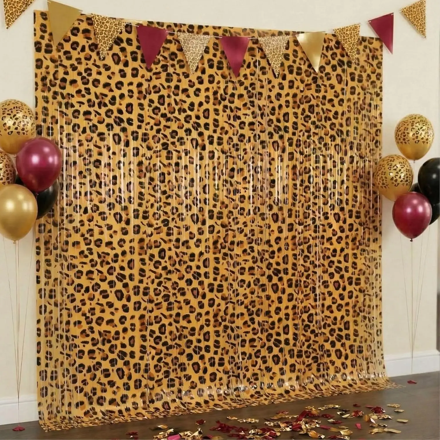 2 Pack  Print Birthday Decorations, Leopard Party Decorations, Jungle Safari Bachelorette Foil Backdrop 3.3×6.6ft Thickened Fringe Curtains for Photo Booth & Party Entrance