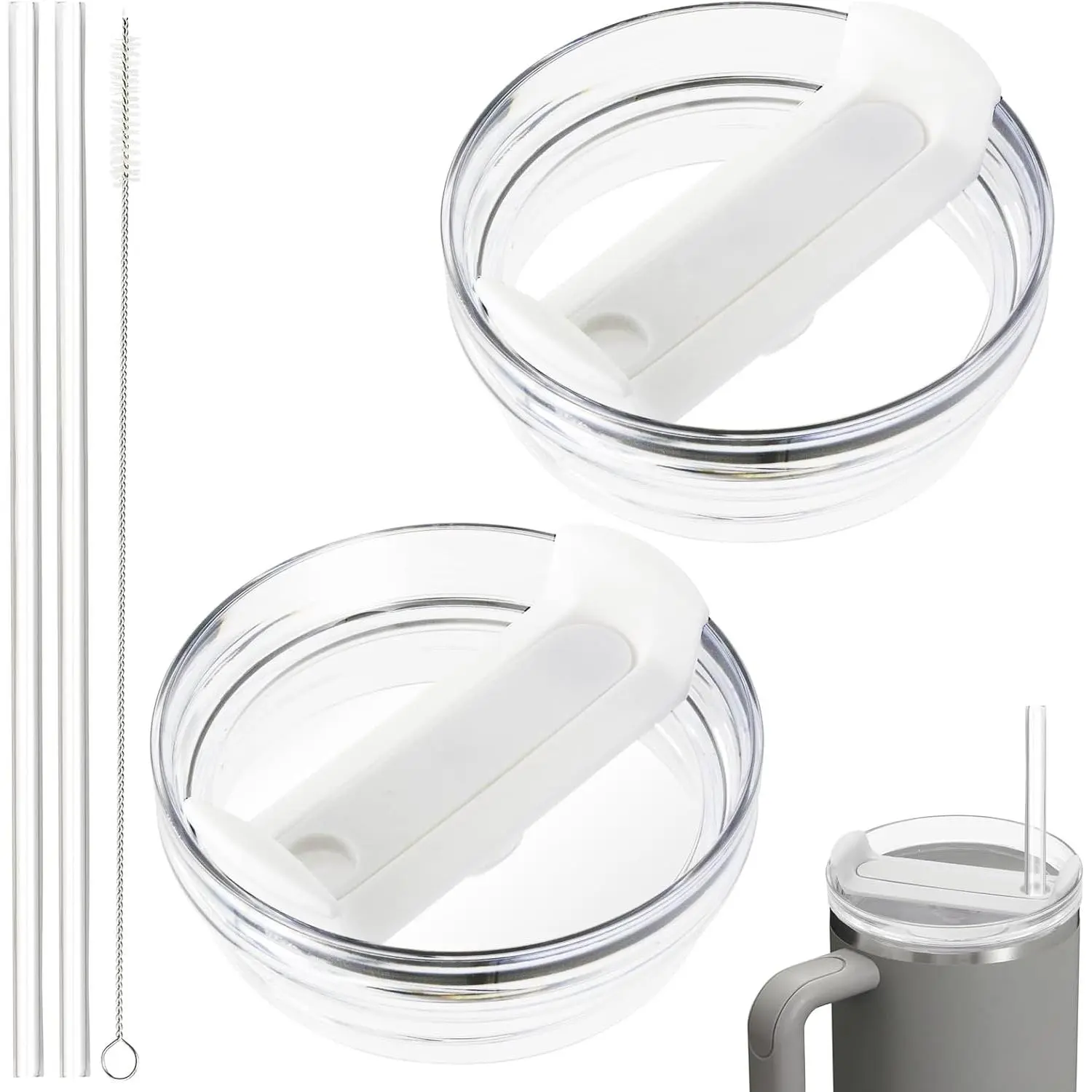 40oz Tumbler Lid Compatible for , 2 Pack  Tumbler  Fit for  Quencher 2.0 Tumbler 40 OZ, with Straws and Cleaning Brush (Clear White)
