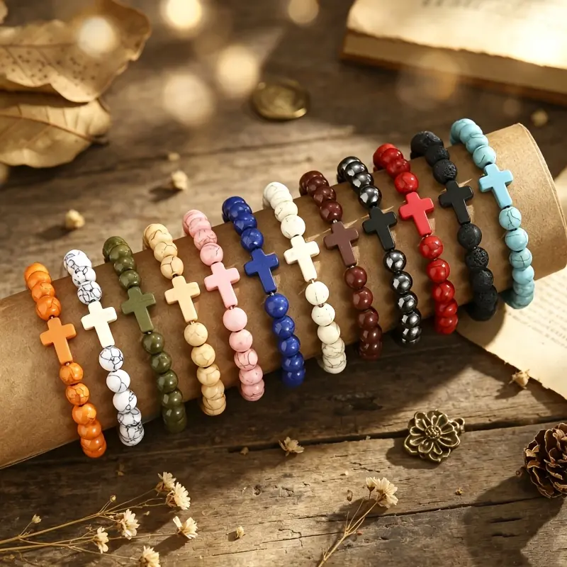12pcs Beaded Bangles Set, Casual Christian Religion Jewelry for Women, Unisex Stretch Wristwear with Cross Emblem, Daily, Colorful Cross Bead Bracelets & Bangles, Beadwork Cross Bracelets & Bangles