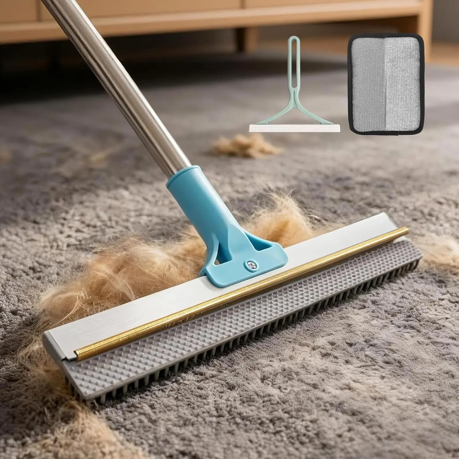 BFNN Multi-Pack Pet Hair Removal Carpet Rake - Dual-Action Durable Construction Aluminum Alloy Tool with Metal Scraper, Silicone Brush, 54" Adjustable Ergonomic Handle - 3Pcs Kit for Rug Deep Cleaning