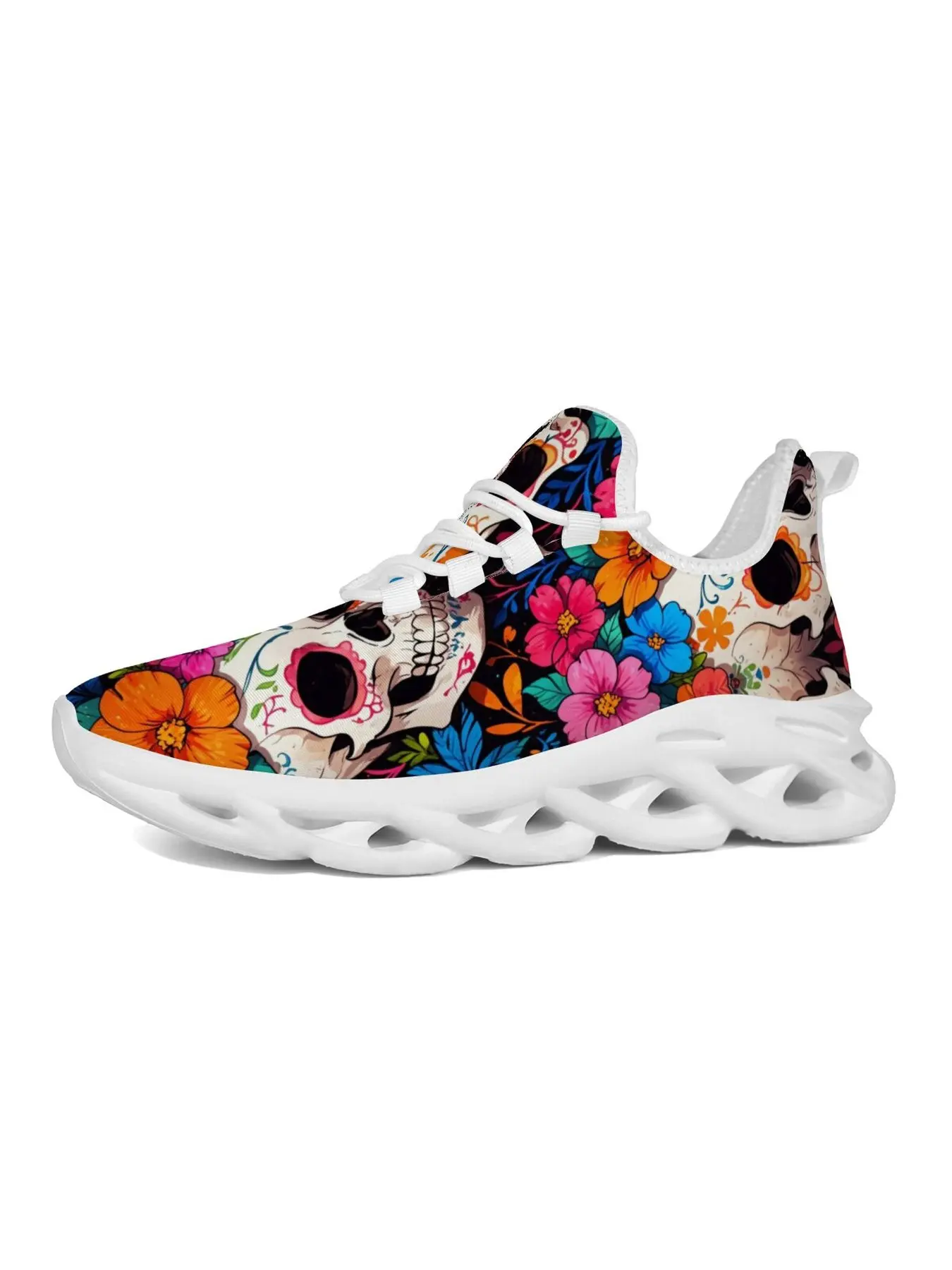 Bright Floral Sugar Skull Print Sneakers For Women Man Mexico Day Of The Dead Breathable Mesh Lace Up Shoes Versatile For Daily Outings Lightweight Casual Walking Trainers