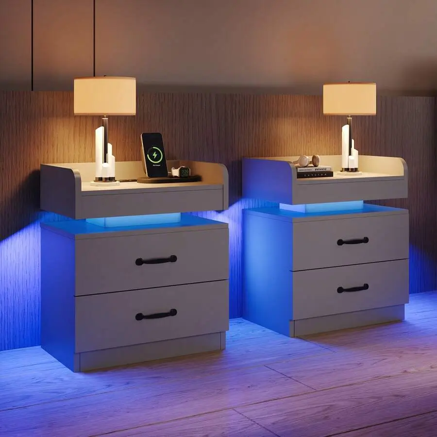 Trend  Nightstand Set of 2, Modern 2-Drawer Bedside Tables with USB Port  Lights, Floating Desk & End Side Table for Bedroom (Black/White/Grey) Adjustable Mobile Standing Wheels Geometric Console