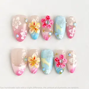 10Pcs Handmade Ocean Flower Press On Nails, Almond Nails, Short Nails, Nude Gradient Glittering Fake Nails, 3D Gel Nails,Glossy Hibiscus Starfish Rhinestone Nail Art For Women and Girls Spring and Summer