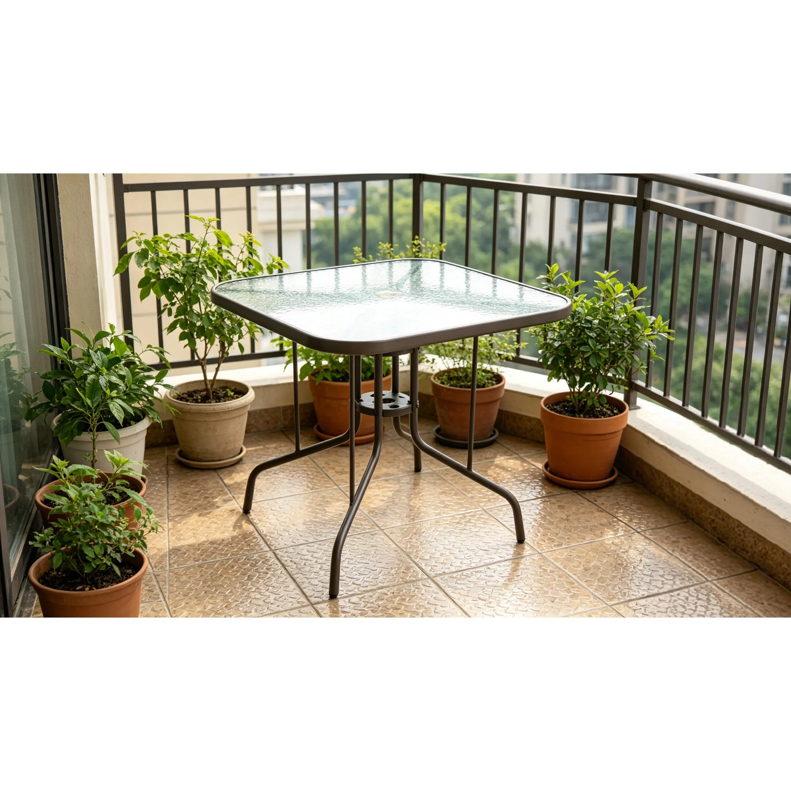 ARCH 35 Inch Square Patio Dining Table for 4 Person, Outdoor Bistro Table with Tempered Glass Top and 1.5" Umbrella Hole, Heavy Duty Steel Frame, Easy Assembly, Brown, for Backyard Lawn Deck Poolside, Brown Color Options, Steel Material