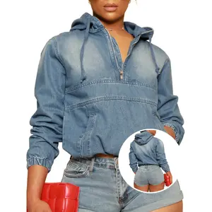 Chic Women's Half Zip Denim Hoodie Pullover Jacket Jean Tops Casual