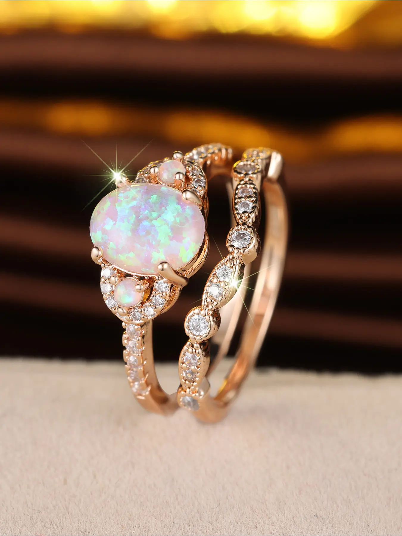 Women  Opal Bridal Stackable Ring Set, Rose Gold Tone Oval Fire Opal CZ Fashion Engagement Ring, Elegant Wedding Promise Statement Ring for Party Anniversary