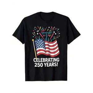 250th Anniversary USA Flag & Fireworks Patriotic T-Shirt |   4th of July Celebration, Unisex Adult Casual Short Sleeve Round Neck Tee with 250 Years of Independence Design, Comfortable Casual Attire, Crew Neck, Slight Stretch Fabric, Plus Size