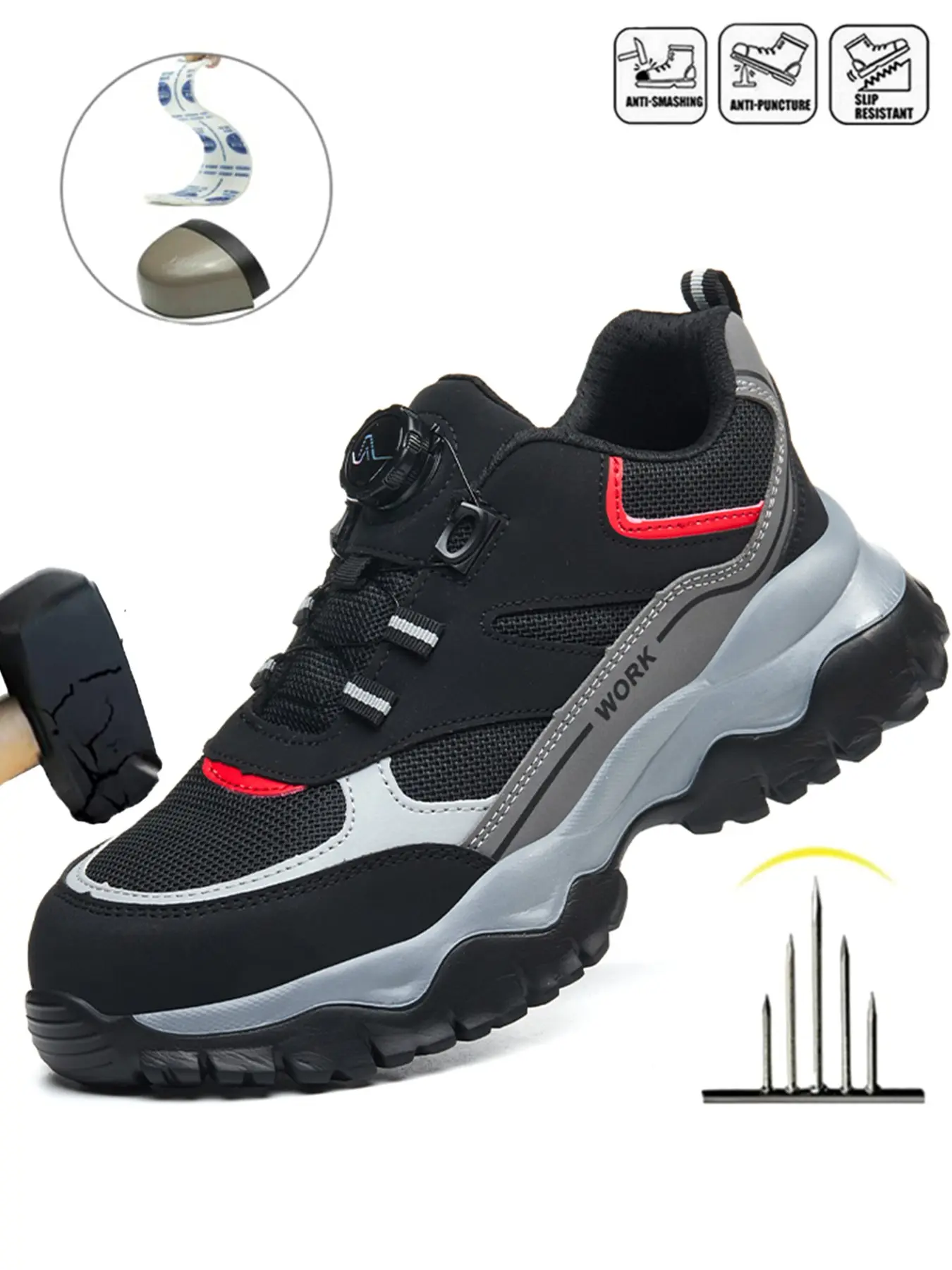 Steel Toe Shoes for Men Indestructible Work Sneakers, Industrial Safety Footwear, Slip Resistant Safety Shoes Lightweight Breathable Puncture Proof Anti-smash Rotary Buckle Shoes for Warehouse Industry Anti-shock All-season Outdoor Shoes