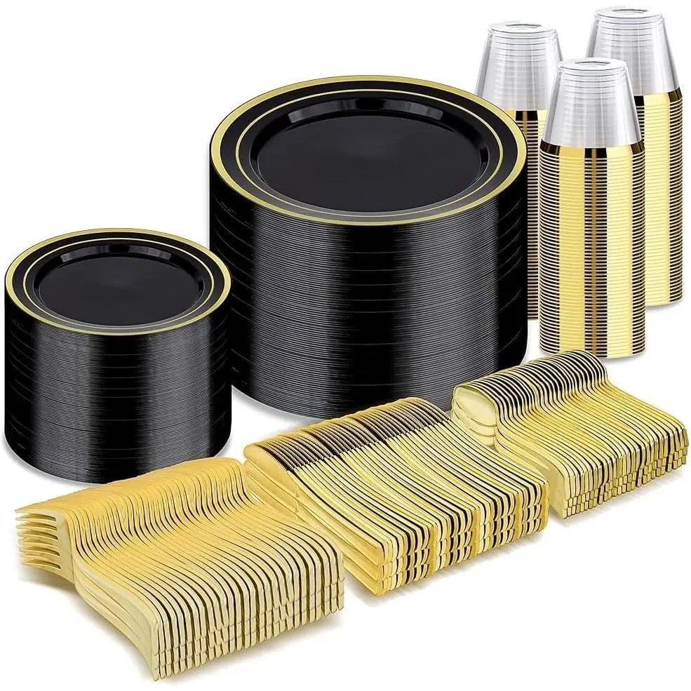 600 count Black  Dinnerware Set for 100 Guests, Plastic Plates for Halloween Party and Christmas, 100 Disposable Plates, 100 Dessert Plates, 100 Cups, 100 Spoons, 100 Forks and 100