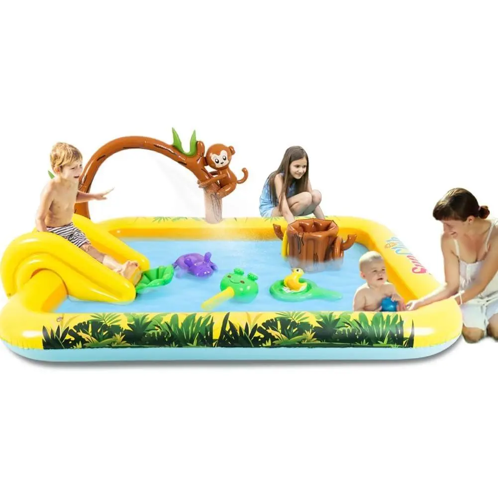 Inflatable Play Center, Inflatable Swimming Pool with Slide, Cartoon Animals Sprinkler Toy with Base Pool, Monkey Tree Stump Design for Garden Backyard Outdoor Summer Fun