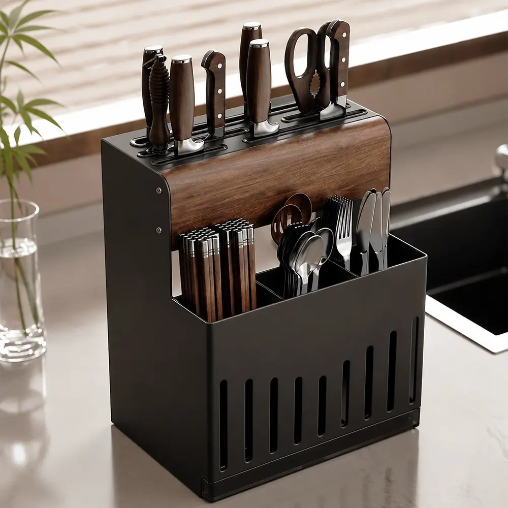 Wall-Mounted Walnut Wood Knife Holder, No-Drill Multi-Functional Kitchen Organizer, Utensil Rack for Home Use, Space-Saving Design