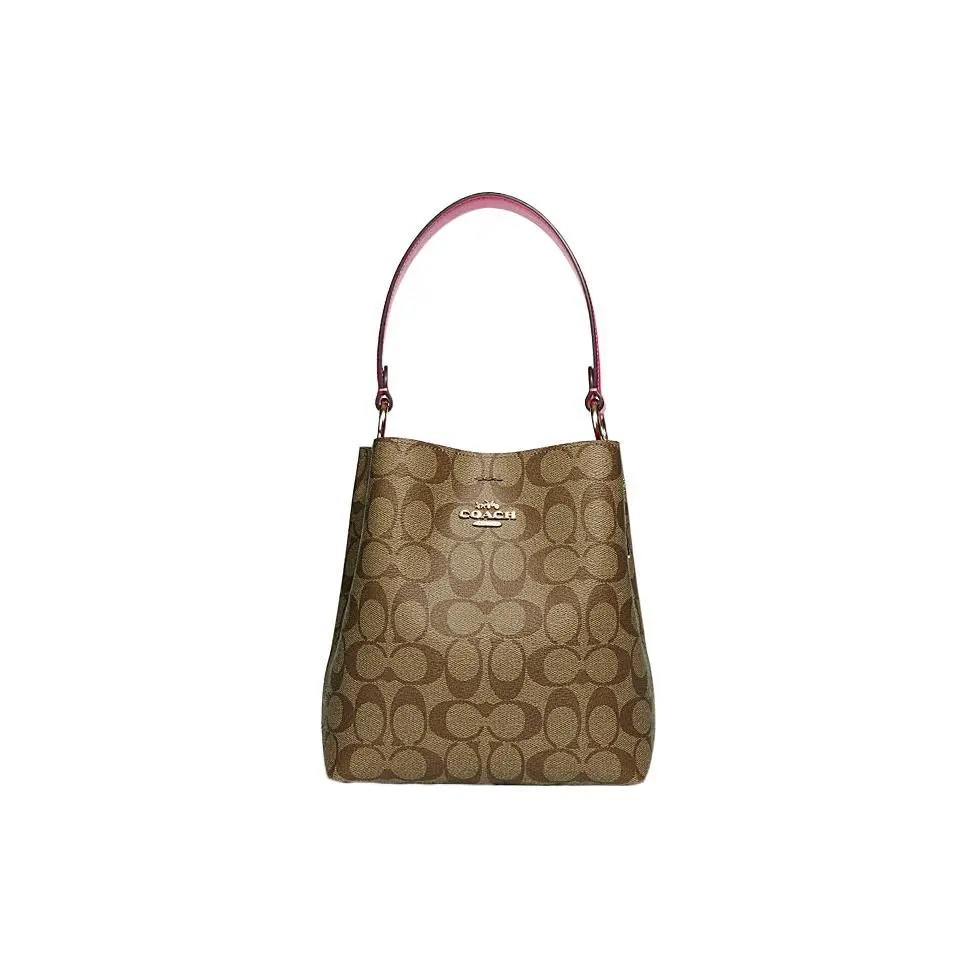 COACH Town 22 Classic Monogram Triple-Compartment Canvas and Leather Bucket Bag for Women, Small, Tan