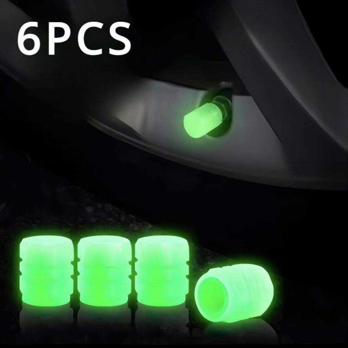 6-Pack Glow-In-The-Dark Valve Caps  Bright Nighttime Tire Decoration for Cars, Motorcycles, And Bicycles, Safe And Eye-Catching Additions