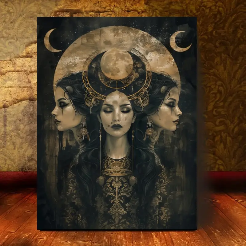 2D Flat, 1pc Solid Wood Frame Home Mural Decor, Hecate Witch Goddess, Pagan Witch Moon Goddess Wooden Frame Printed Poster Artwork Wall Decor, Can Be Directly Hung on The Wall, Home Wall Decor, Living Room Decor, Room Bedroom Decor Antique Artistic