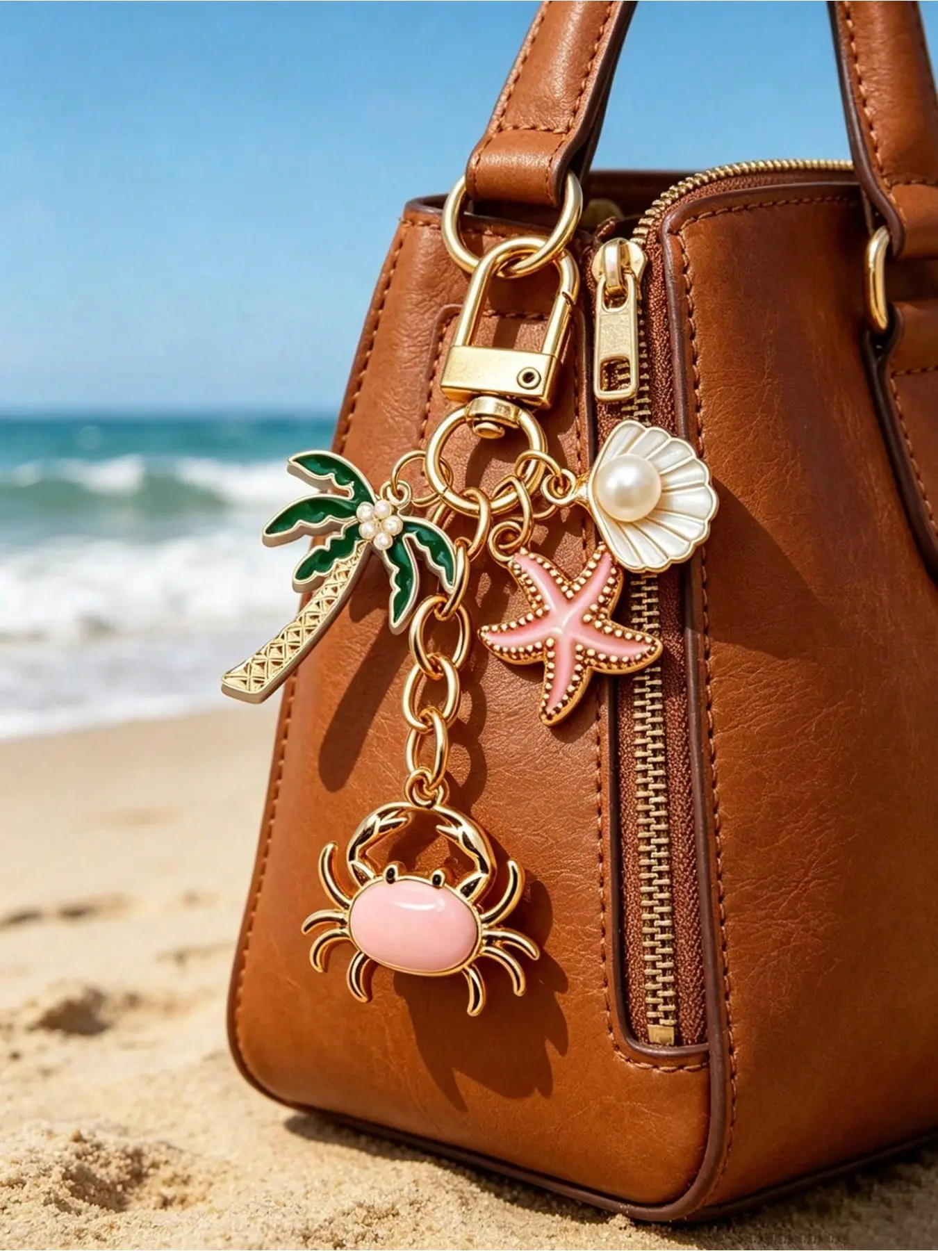 Ocean Series Keychain, Featuring Sea Stars, Pearl Shells, Coconut Trees, Cartoon Crabs, Perfect Gift for Ocean Lovers, Fashion Accessory