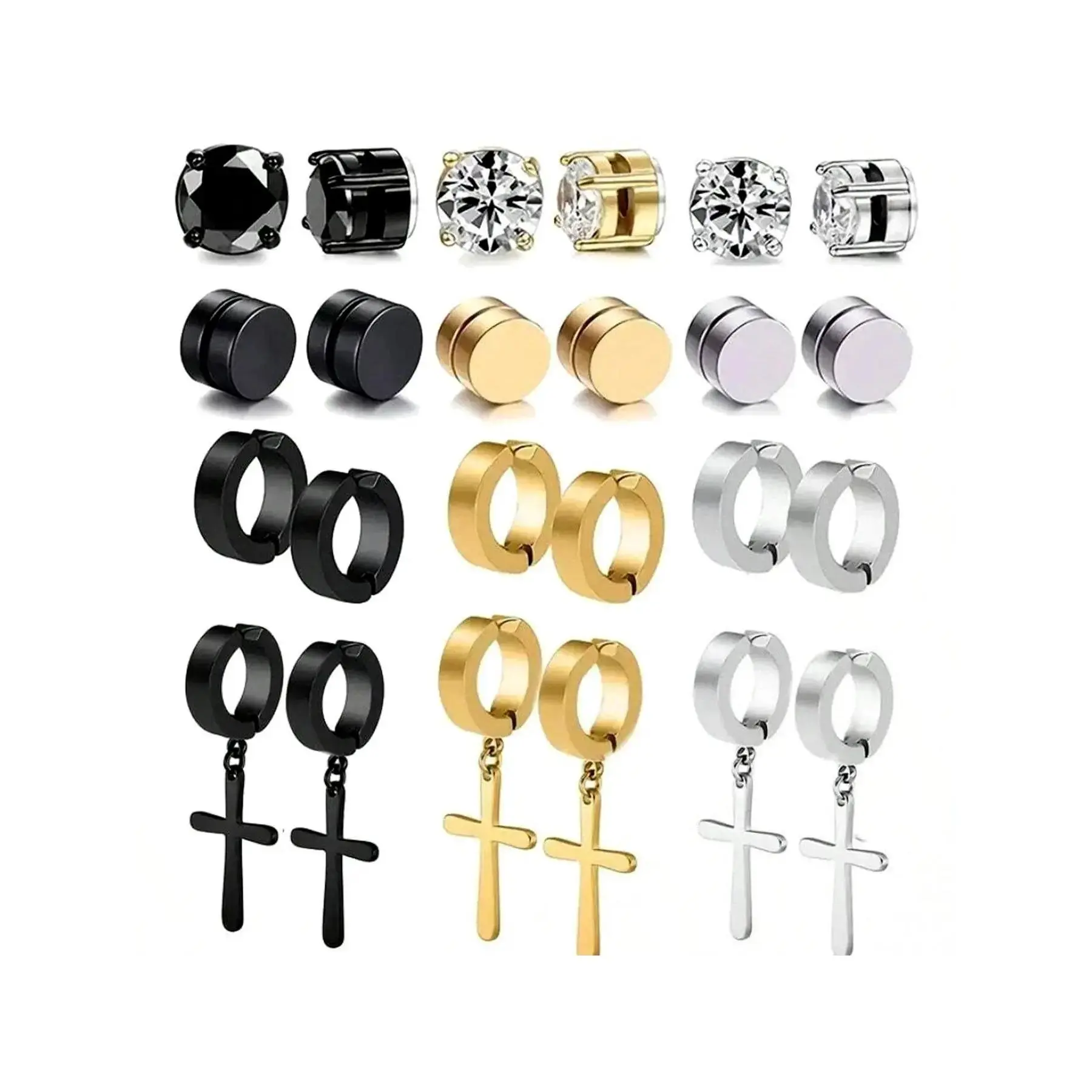 Men's Punk Style Stainless Steel Artificial Zircon Magnetic Earrings, Exquisite Trendy Cross Design Jewelry for Party & Daily Wear, Ideal Gifts, Fashionable Magnetic Stud Earrings, Non-Piercing Earrings