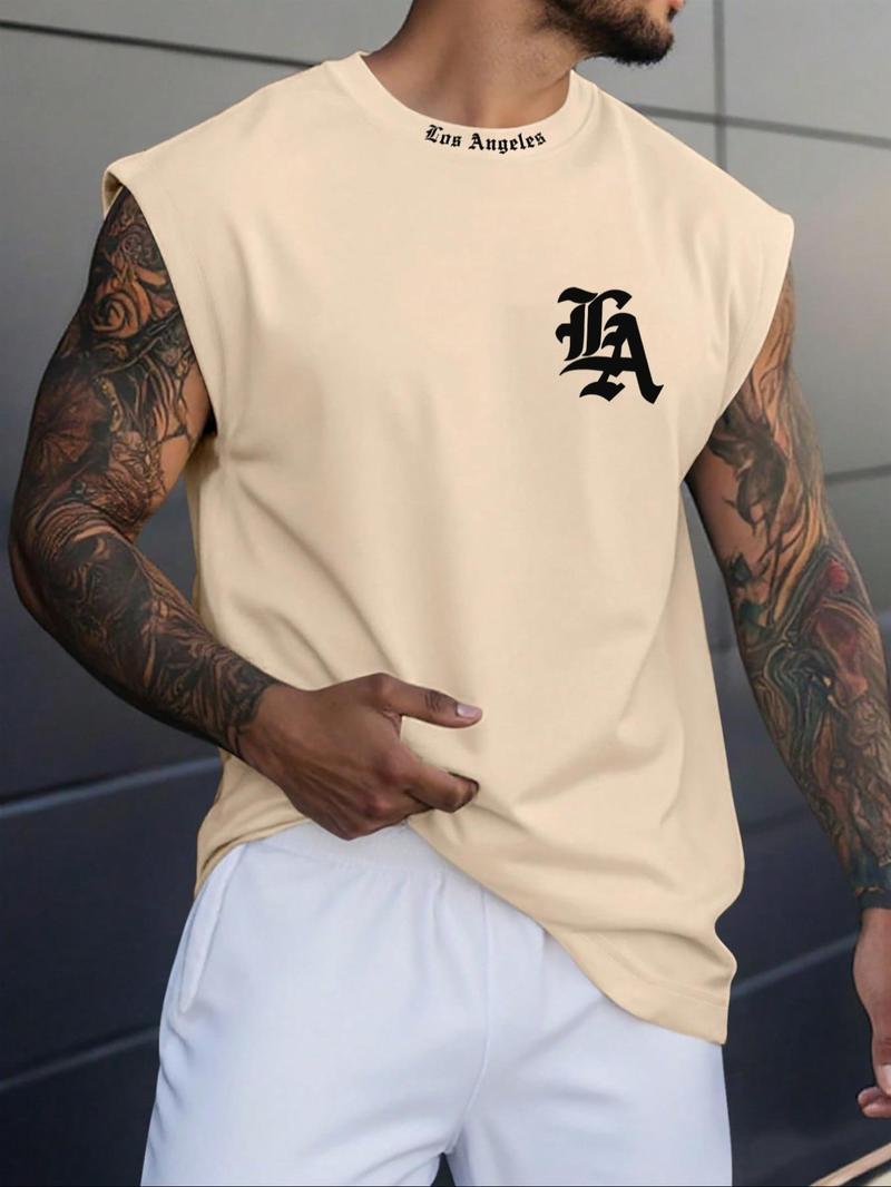 Men's Regular Fit Letter Print Tank Top, Casual Street Wear Sleeveless Round Neck Top for Summer, Men's Top for Daily Wear, Tshirt