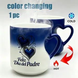 1 pc Feliz Dia del Padre Heat Color Changing Mug, Silver Filigree Blue Heart Magic Coffee Cup, Fathers Day Gift for Dad from Daughter Son, Thermal Reveal Ceramic Mug