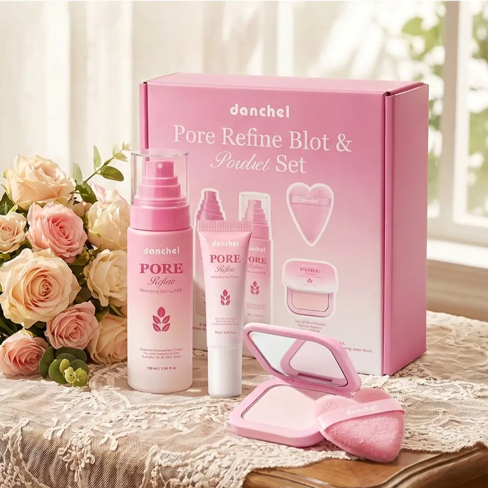 Full Face Makeup Base Setting Kit, Complexion Perfecting Set, Oil Control Pore Minimizing Primer + Matte Setting Spray + Blotting Powder With Heart Sponge Puff, Long Wear Waterproof Makeup Prep Set