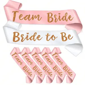 1 set of champagne pink sashes with rose gold glitter lettering, a unique bridesmaid/bridesmaid belt for bachelor/bachelorette parties, bridal parties, weddings, engagement parties, and photo booth props.
