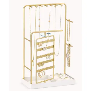 Jewelry Organizer Stand, No Assembly Needed Display Storage with Rotating Earring Holder for Room Dorm Decor Necklace Bracelet Rings, Gifts for Mom Women Girls Mother's Day -Gold.