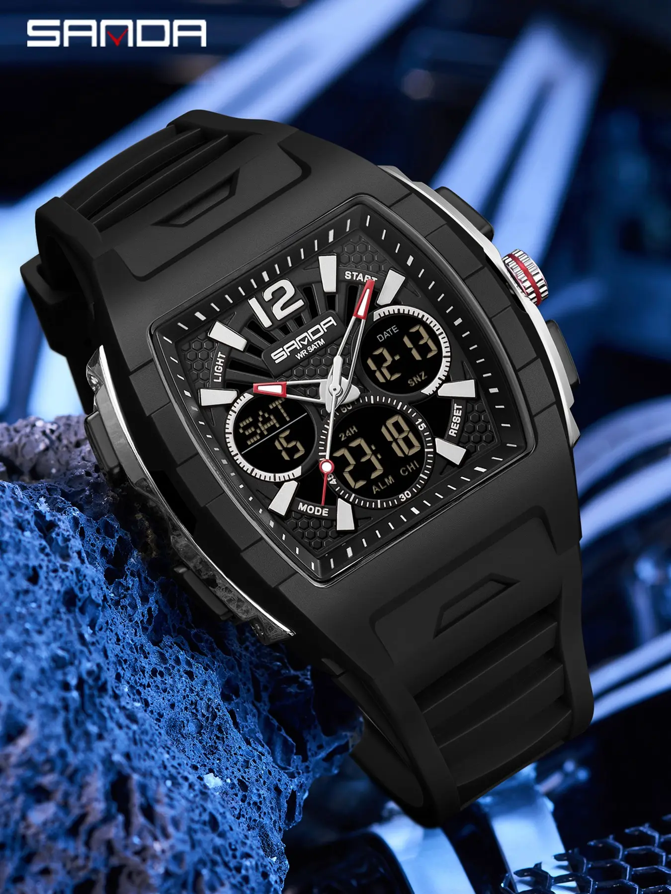 Men's Sport Watch Sanda 3396, Dual Display, 50m Waterproof, Night Light, 3D Dial, Three Time Zones, Stopwatch, Alarm, Shockproof, Outdoor, Youth Trendy