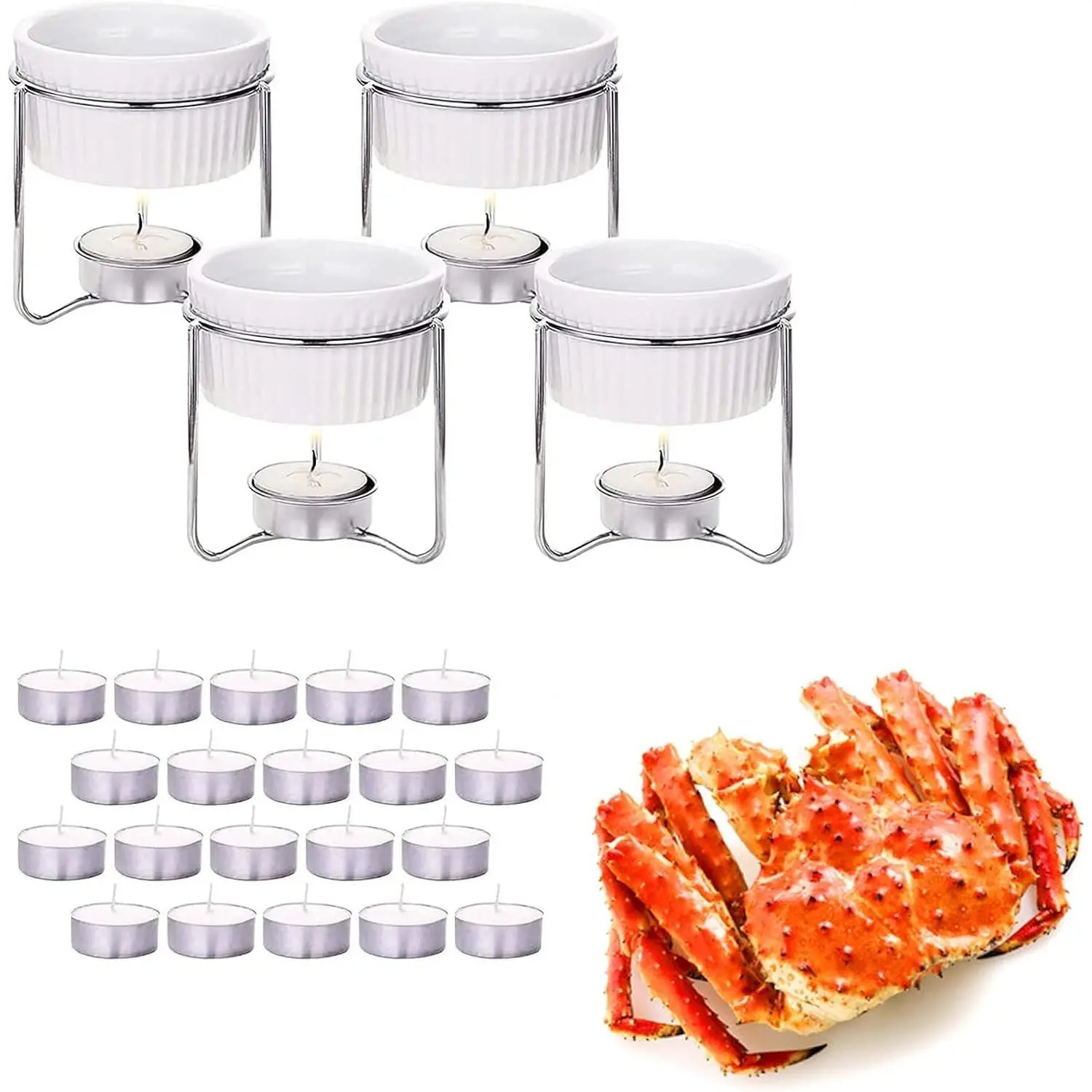 4 Pieces Ceramic Butter Warmer Set for Seafood Chocolate or Cheese Fondue, Comes with 20 Pieces Tealight Candles, Dishwasher Safe, Microwave Safe, Oven Safe