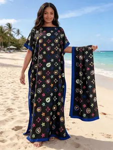 2026 New Women's 2 Piece Black Multicolor Star Monogram Print Kaftan with Matching Scarf, Silky Satin Loose Maxi Dress, Plus Size, Beach Cover Up & Resort Evening Wear