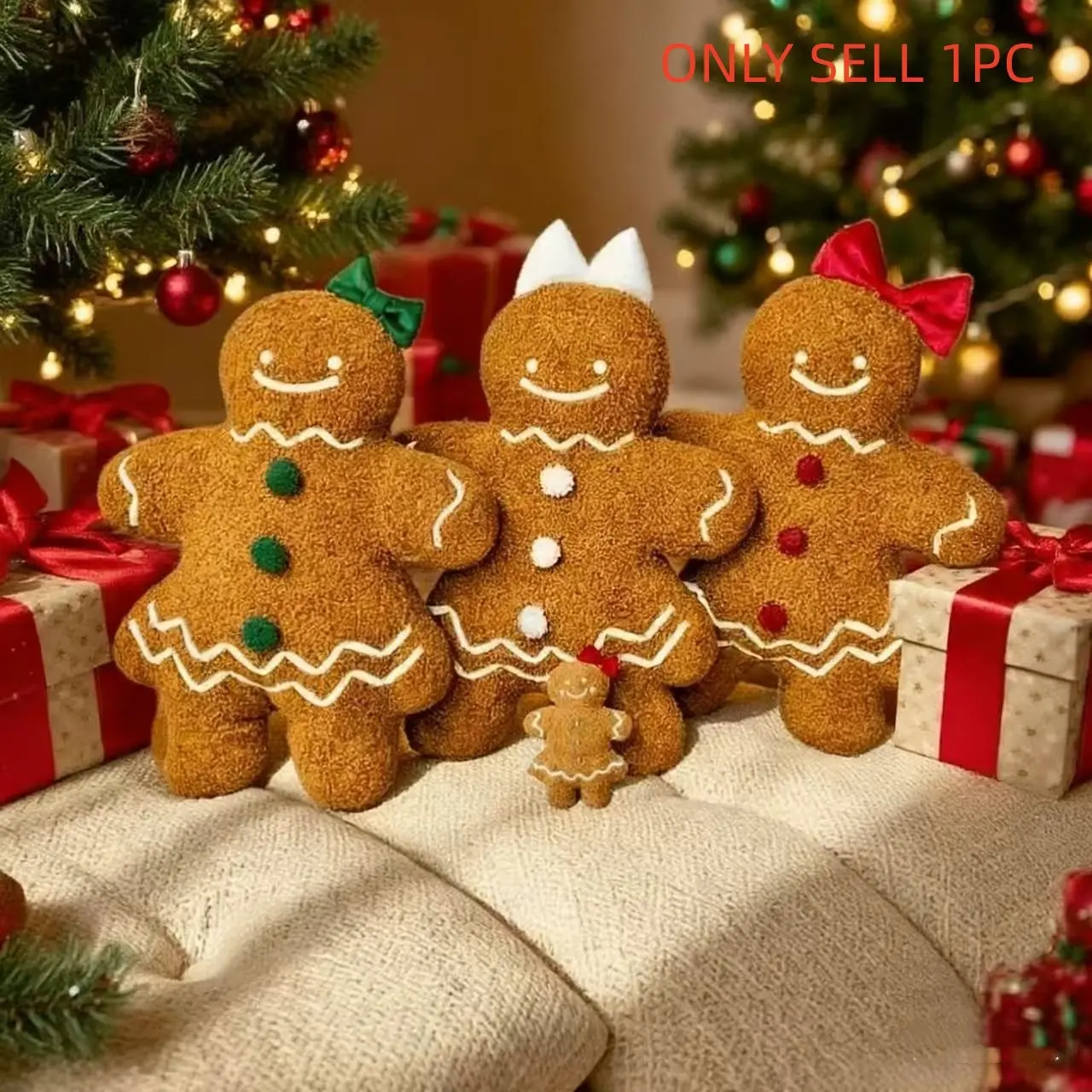 1pc Cute Christmas Plush Girl Gingerbread Pillow with red/green/white Bowknot Design, Warm Holiday Home Decor Cushion, Festive Girl Gingerbread  Decoration, Gift