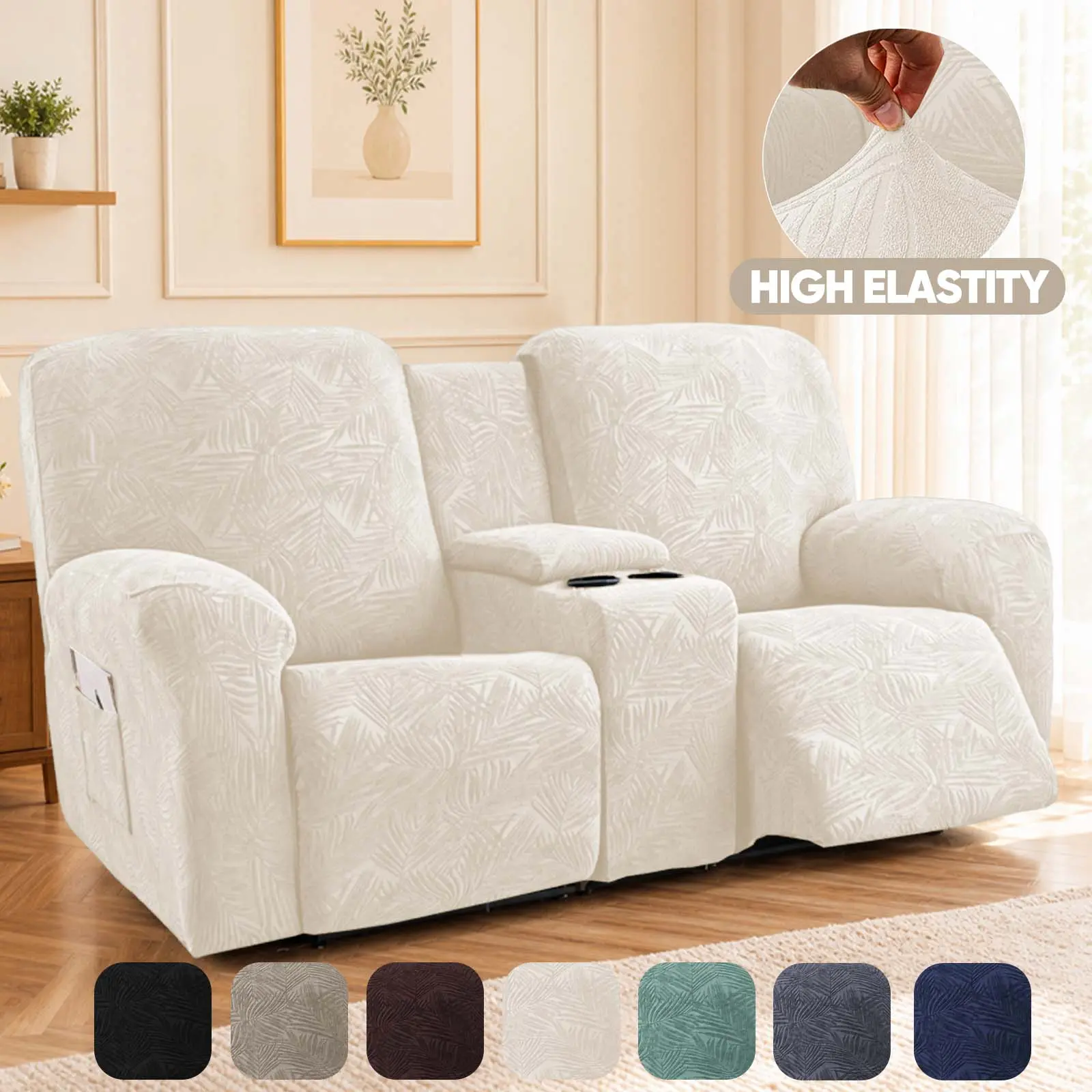 Recliner Loveseat Cover with Center Console Opening and Side Storage Pocket, 2 Seater Leaf Jacquard Recliner Sofa Slipcover for Living Room