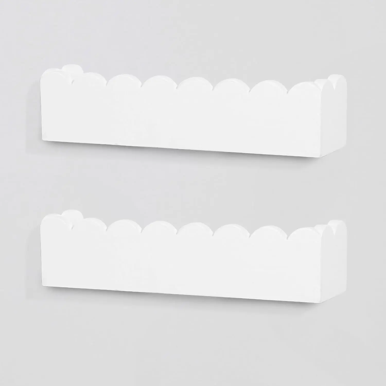 2-Pack Preassembled White Scalloped Pine Hanging Floating Shelves - Wavy Edges, Wall-Mounted Installation, 25 lbs Max, Nursery/Bedroom Book & Toy Storage Decor Organizer, Wall Mount