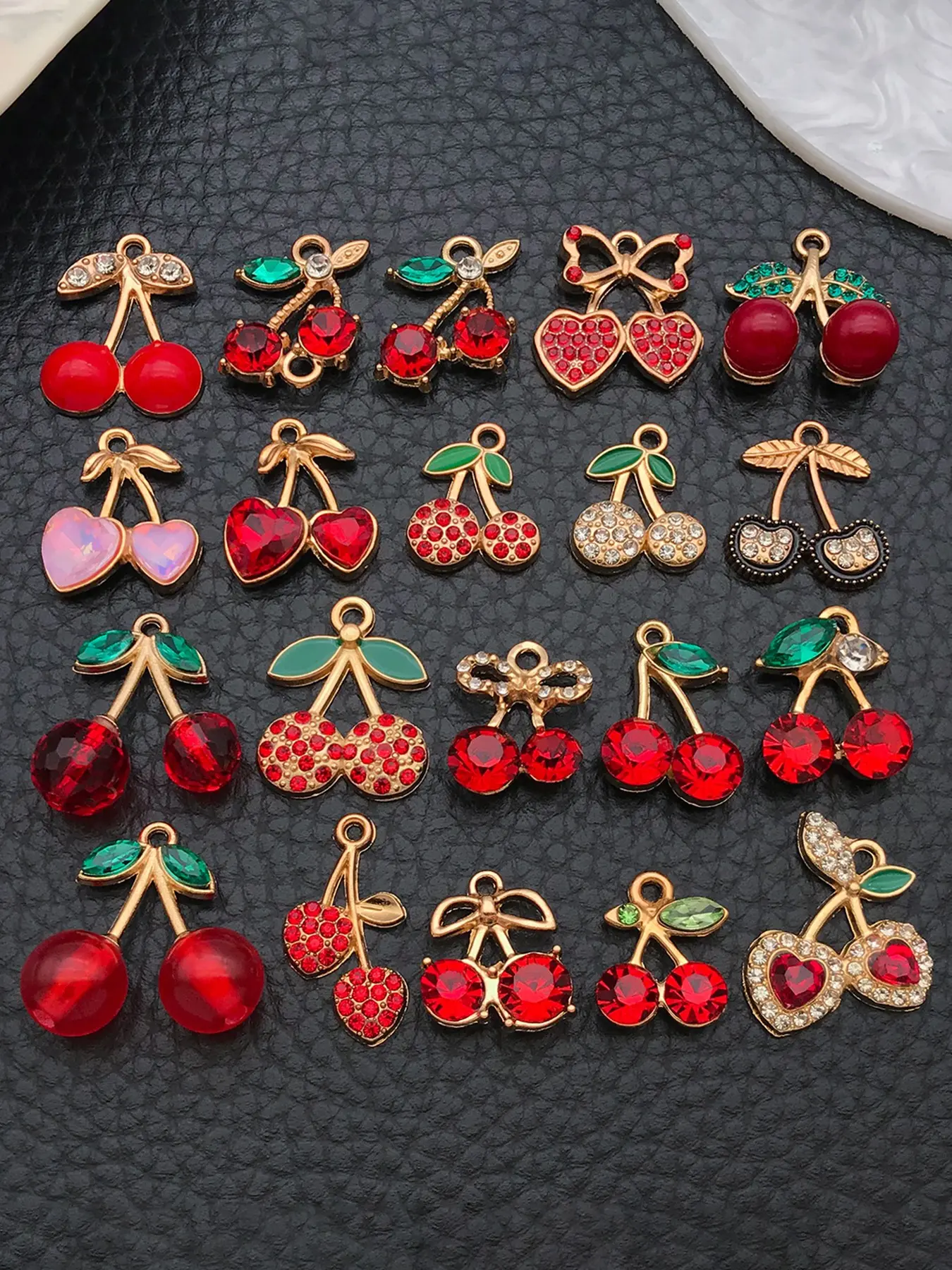 20pcs Assorted Rhinestone Cherry Charms, Golden Plated Enamel Fruit Pendants for DIY Jewelry Making Earrings Necklace Bracelet Phone Bag Decoration Accessories
