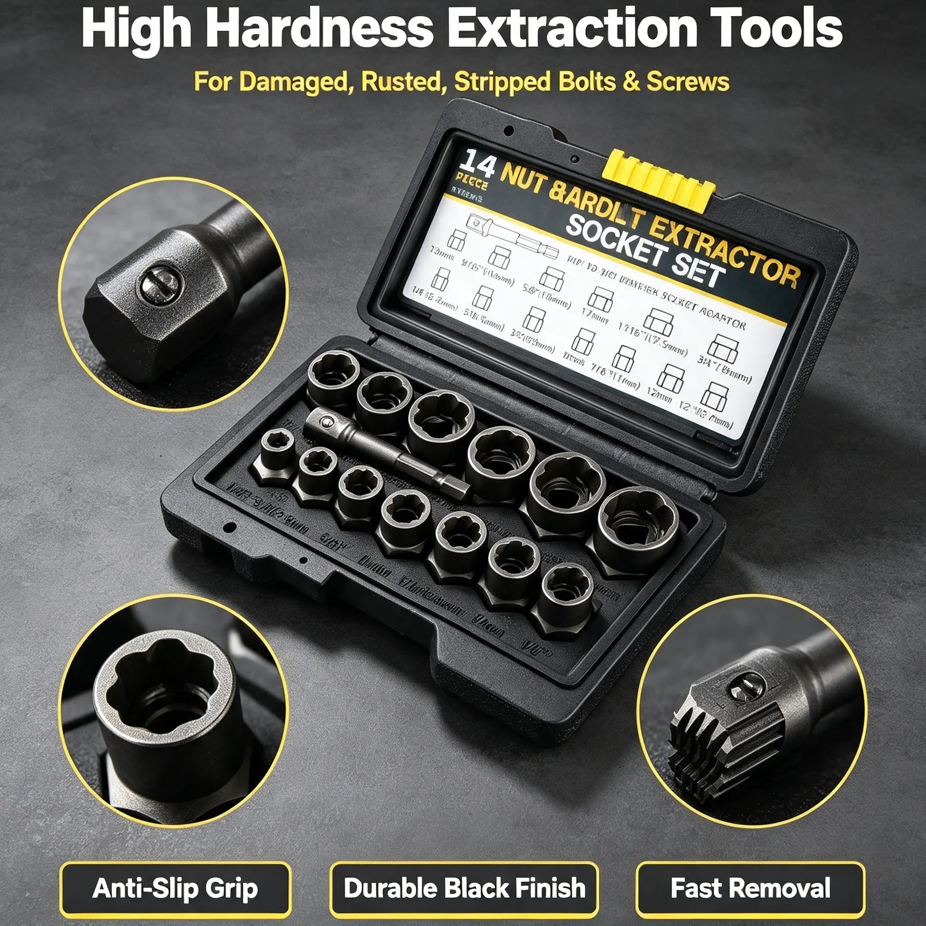 14-Piece Nut Bolt Remover Set, Broken Stripped Rusty Screw Removal Tool Kit, High Hardness Broken Head Bolt Drill Bit Remover Tools, Hand Tools, DIY Tools