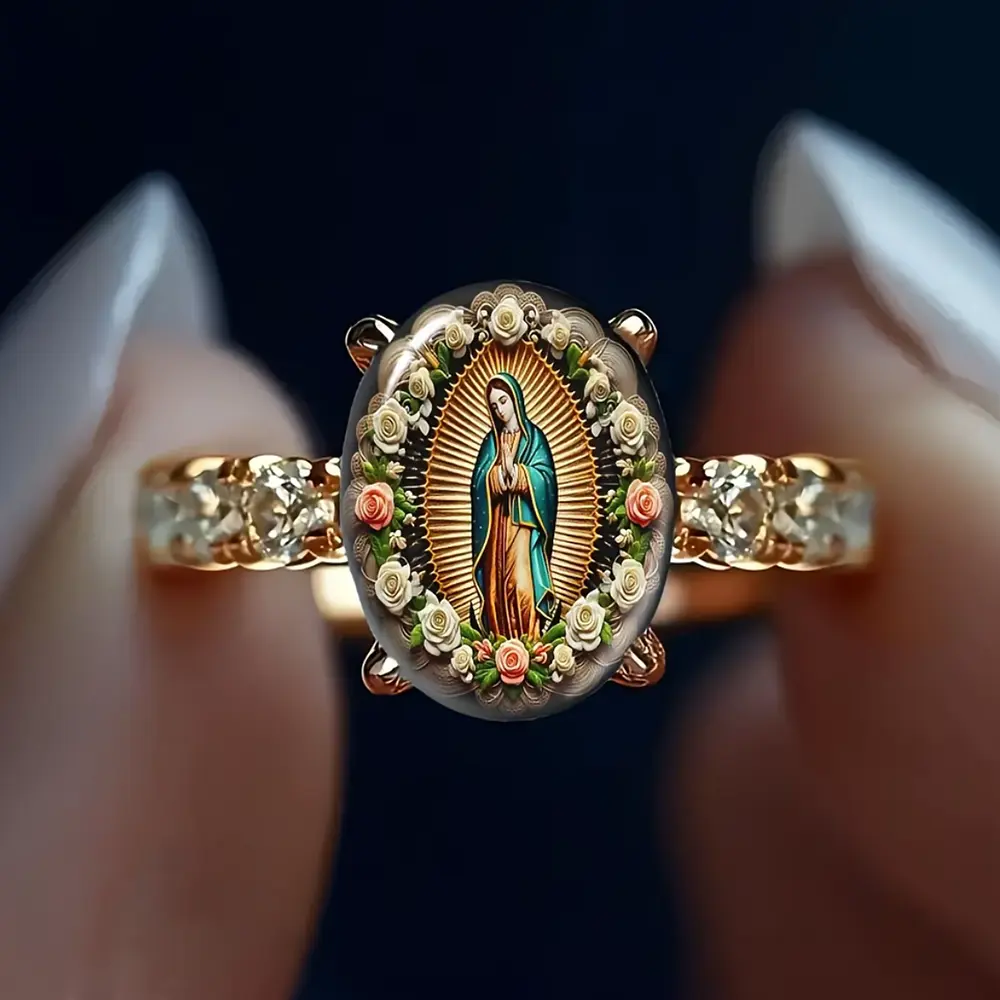 Women's Our Lady of Guadalupe Oval Portrait Ring, 18K Gold Plated, 5mm Crystal-Inlaid Band, 5.6g, Nickel-Free Hypoallergenic Catholic Religious Jewelry, Floral Virgin Mary Statement Ring, Daily Devotional Gift