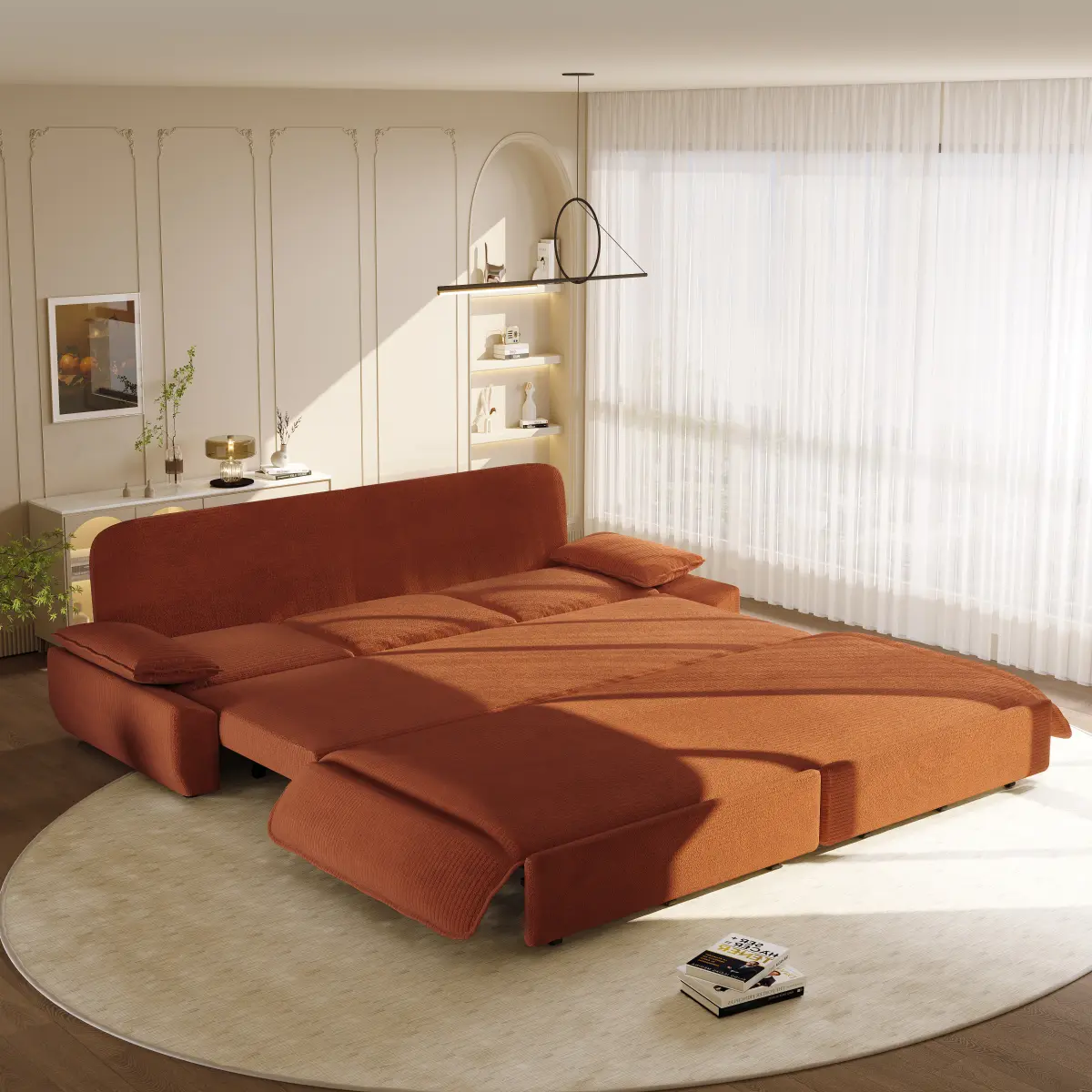 94.5'' Sleeper Sofa Bed King Size, Modern Corduroy Pull Out Couch, 3-in-1 Convertible Futon Sofa, 3 Seater Couches, Cloud Recliner, Pillow Arm, for Living Room, Apartment, Offices, RV,Orange