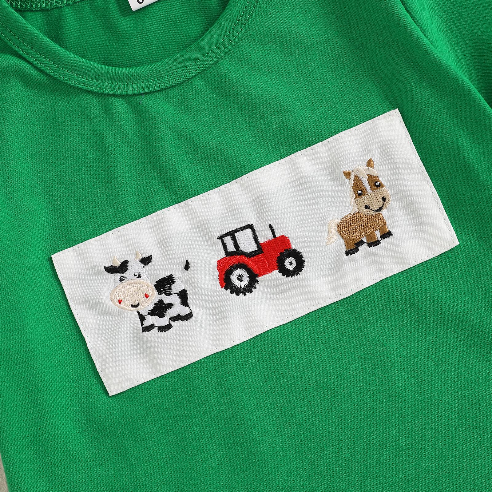 Toddler Baby Boy Summer Outfit Animal Embroidery Round Neck Short Sleeve Top Stripe Shorts Casual 2pcs Set Summer Clothes