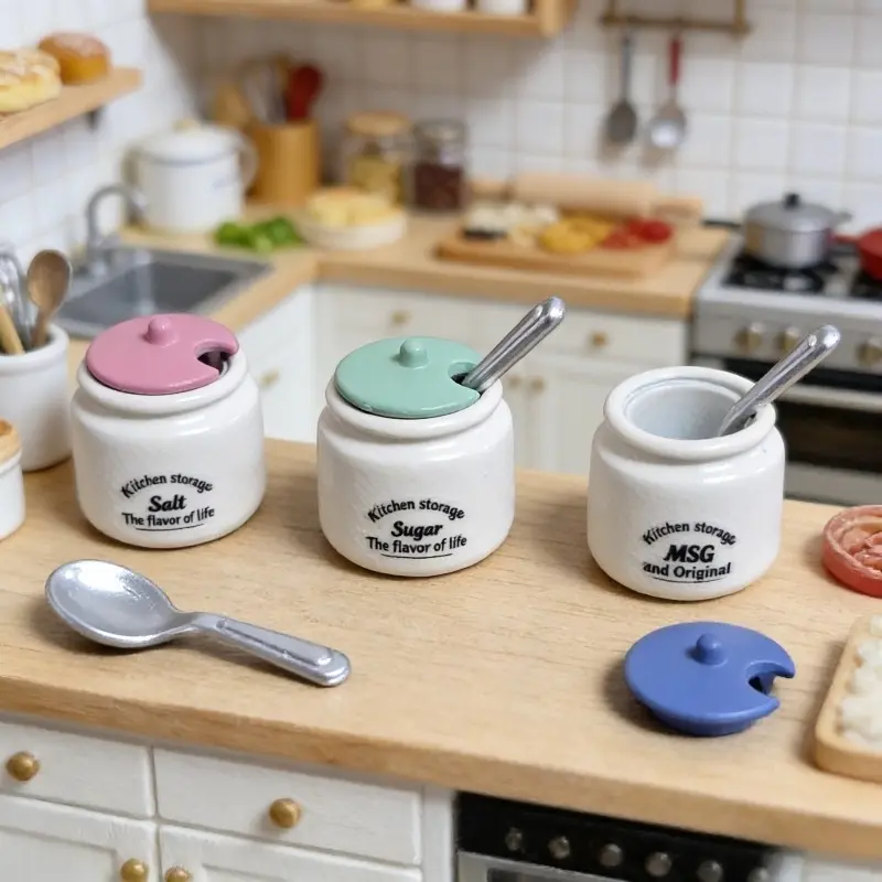 3pcs 1:12 Scale Dollhouse Miniature Spice Jar with Spoon Ornament Kitchen Decor Collectible Mini Model Dollhouse Accessory Christmas Easter New Year Gift