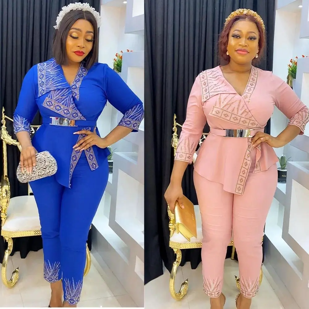 Plus Size Women African Clothes 2 Piece Set Fashion Fall Wedding Party Suits Dashiki Diamond Tops Ankara Trousers Africa Outfits