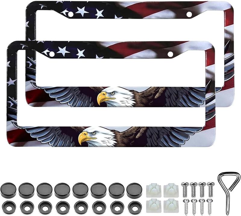 Eagle License Plate Frame Brackets - 2-Pack Patriotic Universal Aluminum Matte Stripe Design American Flag Gloss License Plate Frame Cover with Screw Fastener Cover Gift Car Accessories Truck - Vehicle