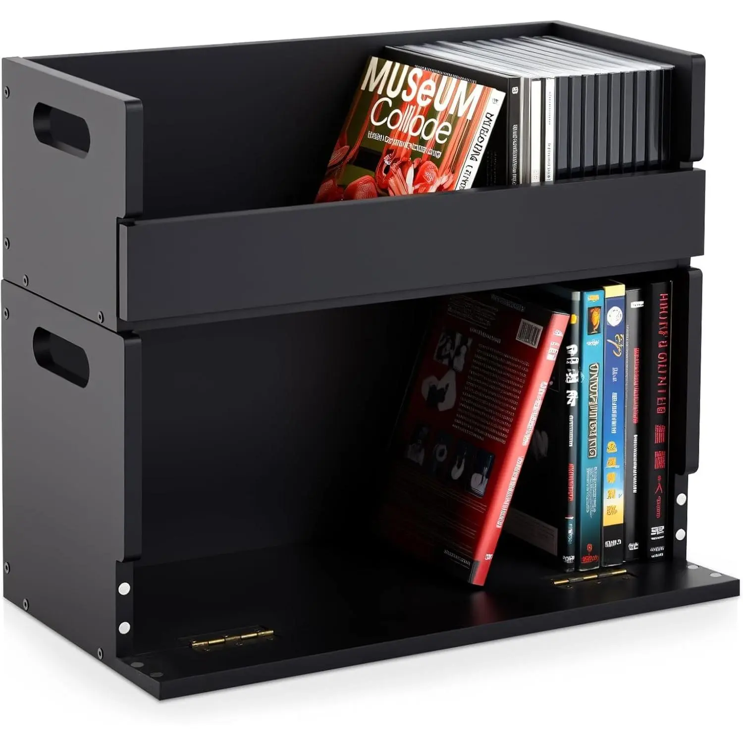 Magnetic 2-Set Black Wooden CD/DVD/Cassette Tape Storage Box with Carrying Handle - Organizer Rack Holder for Movie Cases, Each Holds Up to 36 CDs, 26 DVDs